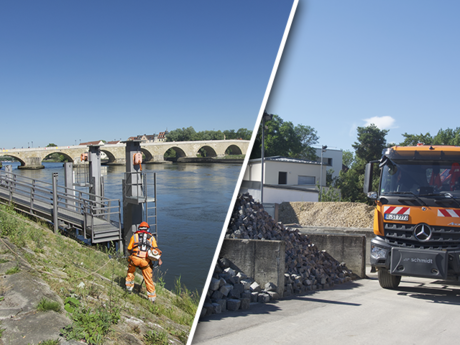 Einsatz im Herzen des Welterbes: Mitarbeiter der Bauhöfe sind mit Schutzhelm und Schwimmweste für alle Eventualitäten gewappnet
