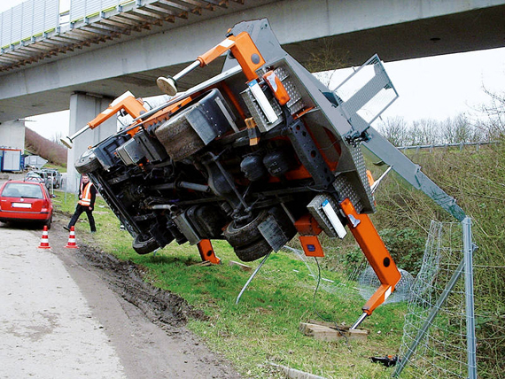 H&auml;ufige Ursache f&uuml;r Unf&auml;lle mit Hubarbeitsb&uuml;hnen: Eine mangelhafte Abst&uuml;tzung.