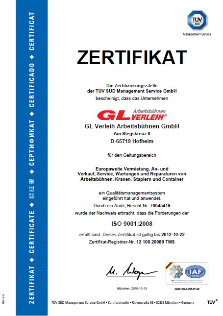 Zertifizierung der GL Verleih Arbeitsb&uuml;hnen GmbH